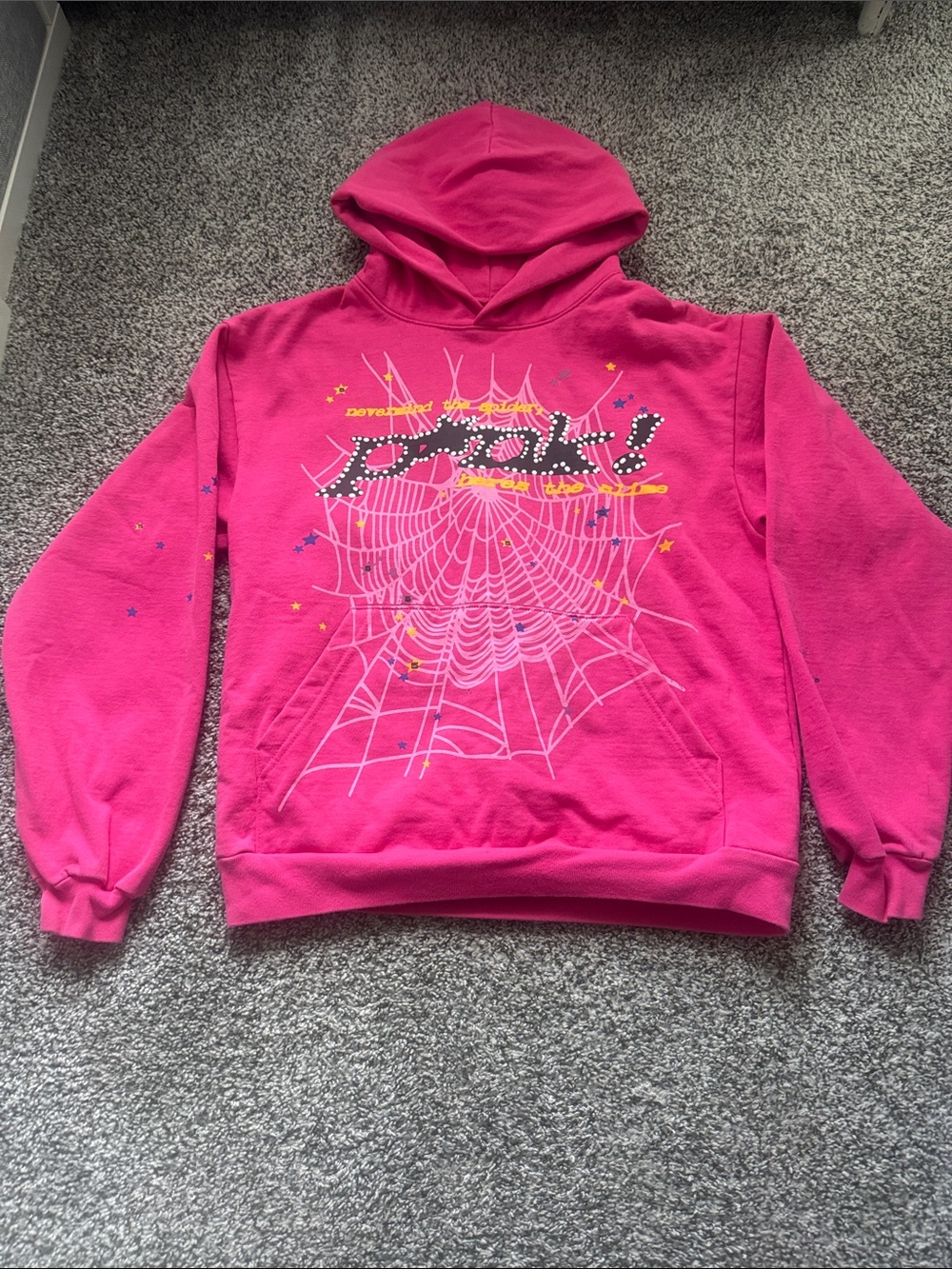 Bright Pink Graphic Hoodie with Spiderweb Design